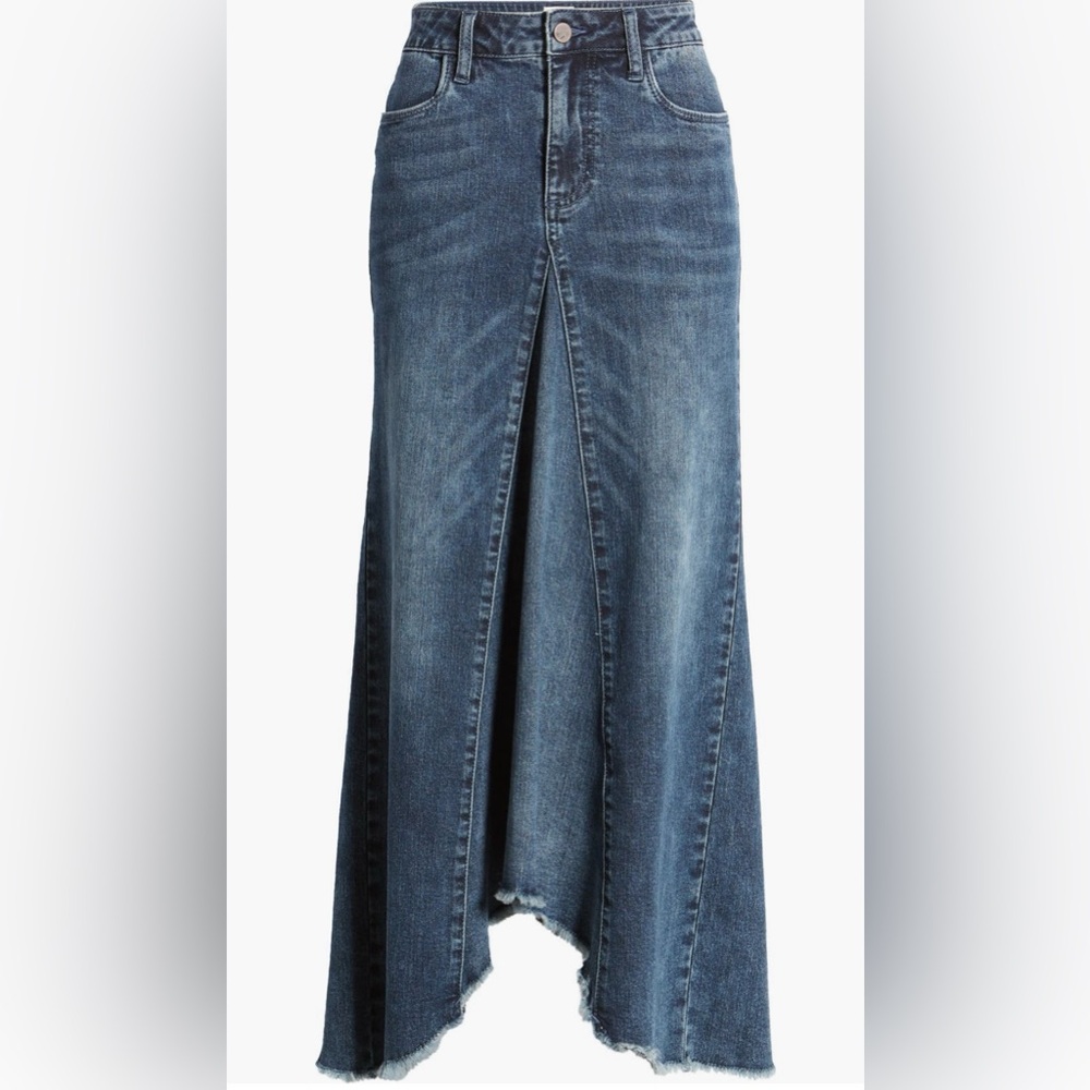 WASH LAB Cotton Medium-Dark Wash Asymmetrical Frayed Hem Denim Modest Skirt Sz L - Picture 6 of 15